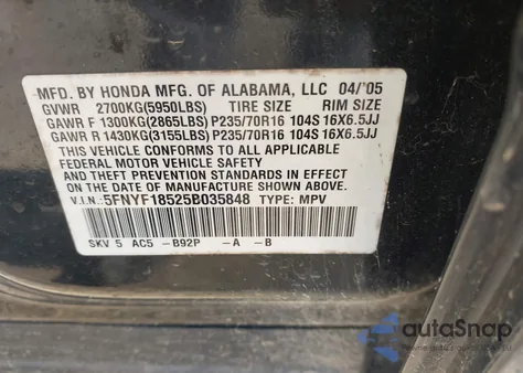 2005 Honda Pilot Ex-L z USA, uszkodzony, nr VIN 5FNYF18525B035848